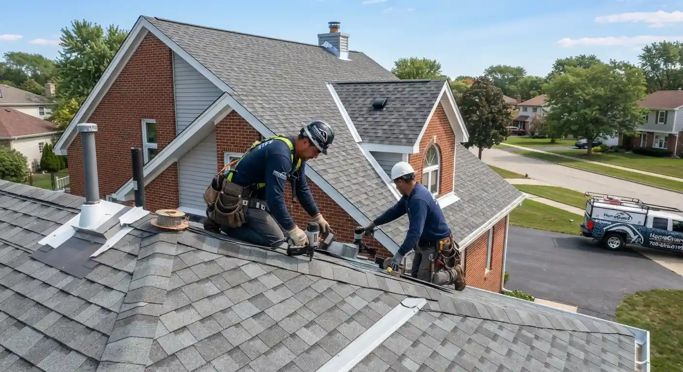 The team members discussing a residential roofing project on a jobsite.