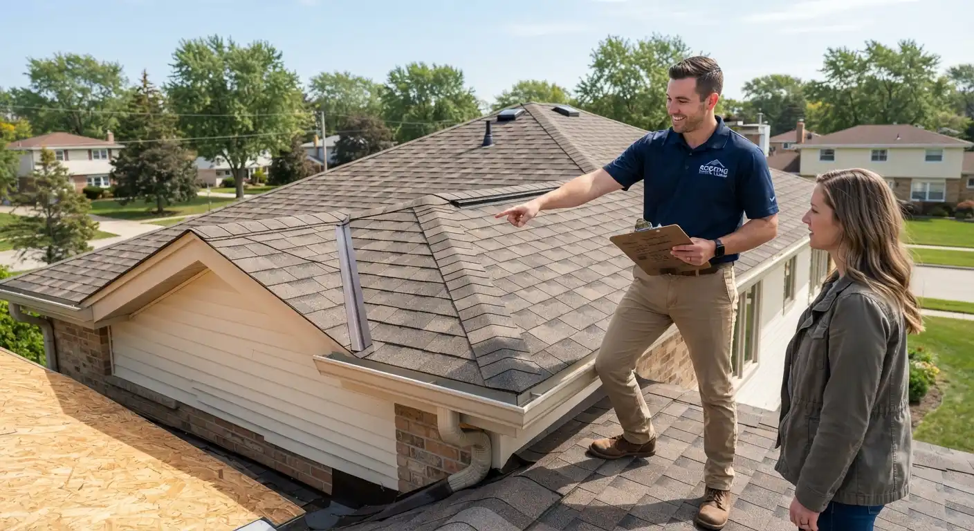 Professional crew performing roof maintenance and inspection on a residential building.