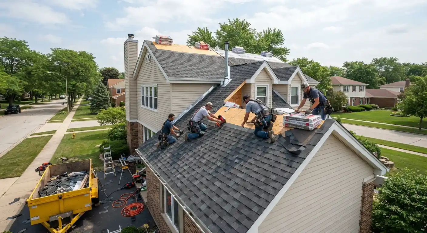 A modern residential home featuring a newly installed shingle roof under a bright sky.