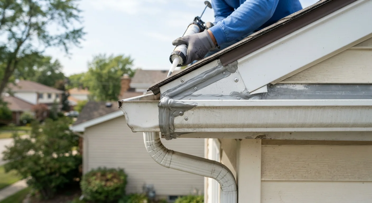 A technician carefully repairs and aligns residential gutters on a sunny afternoon.