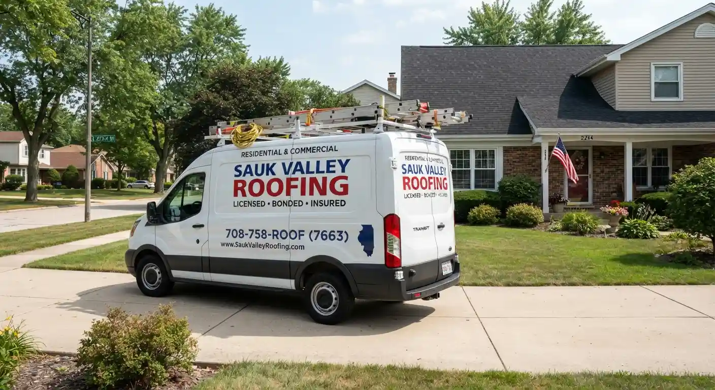 Branded work vehicle parked outside a client property.
