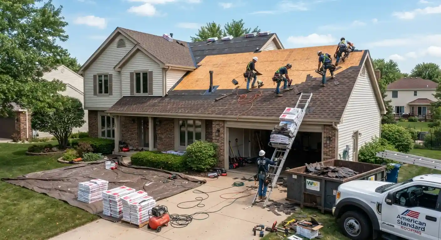 A roofer replacing old shingles on a steep pitch roof.