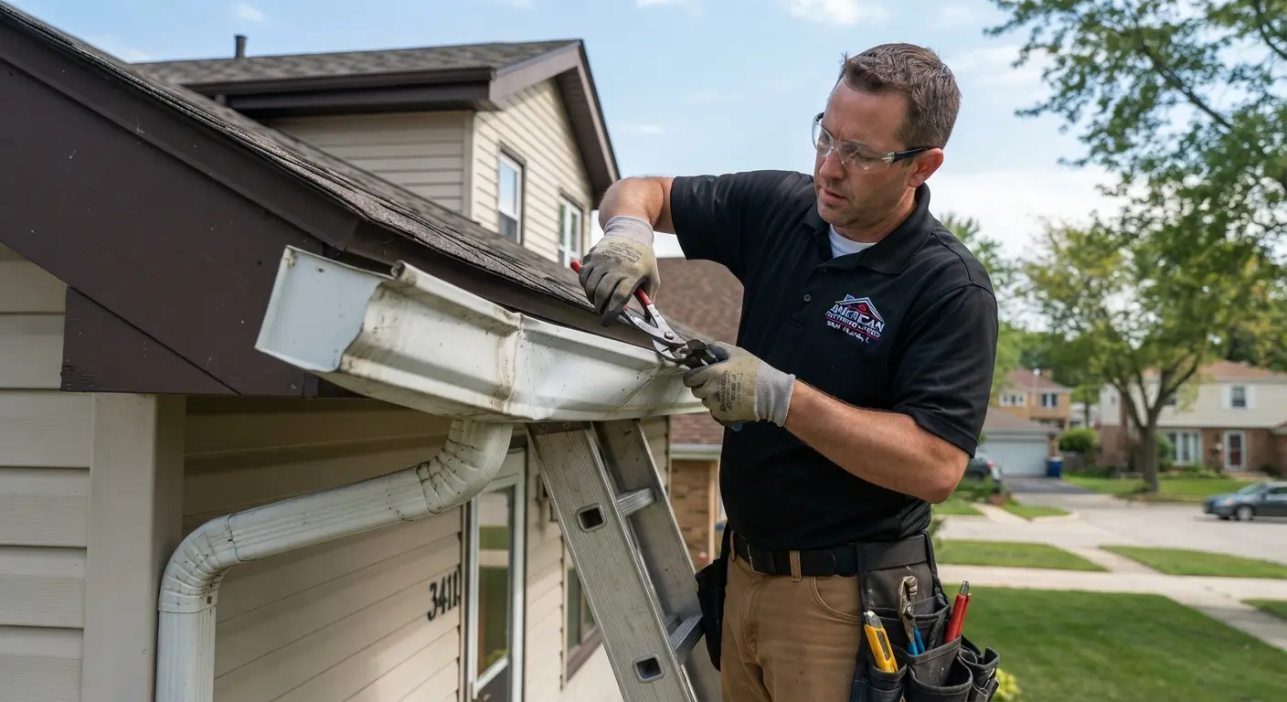 A roofer working on metal gutter alignment.