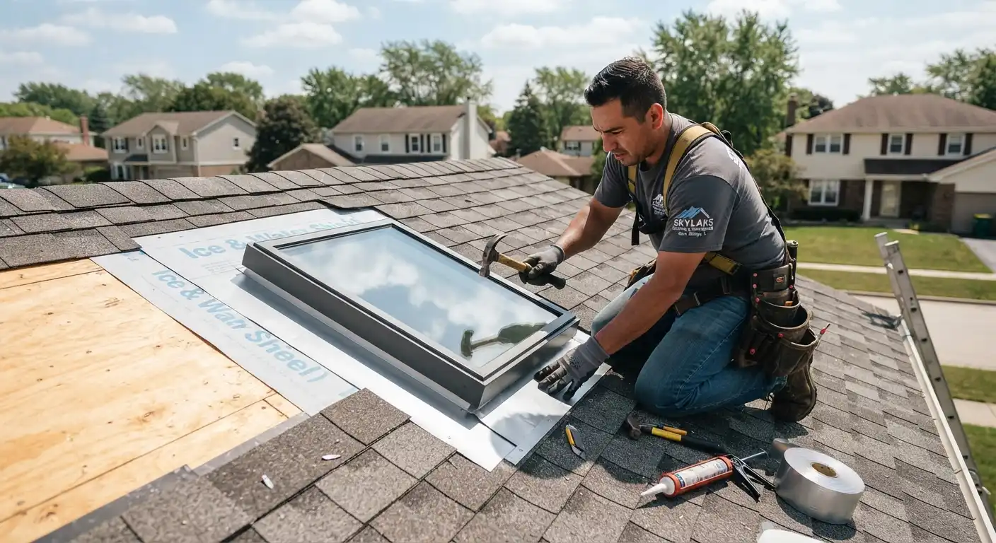 A technician fitting a clear skylight onto a sloped shingle roof.
