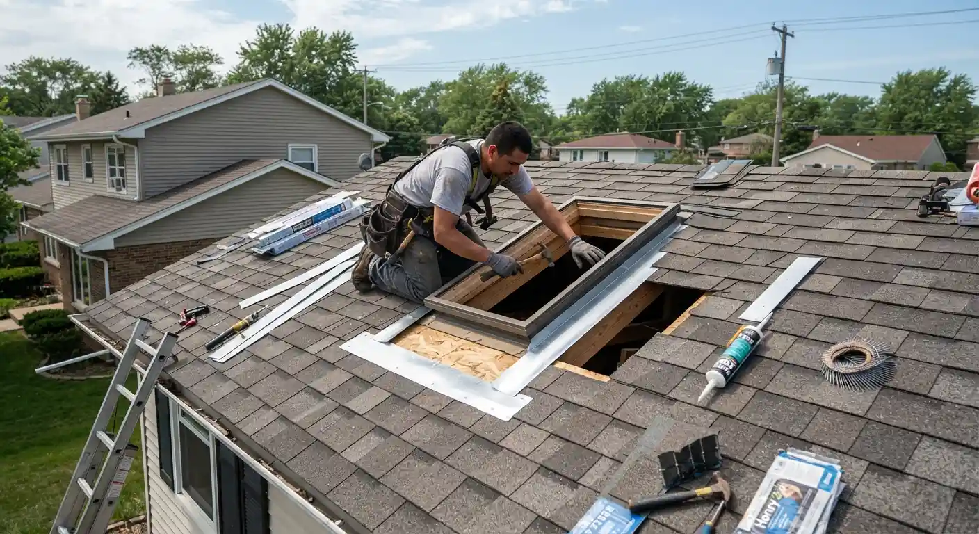 A skilled specialist cutting an opening for a skylight in an existing roof.