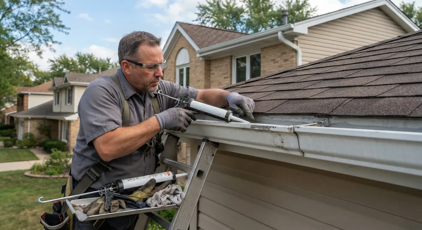 A roofer repairing a damaged residential gutter system.