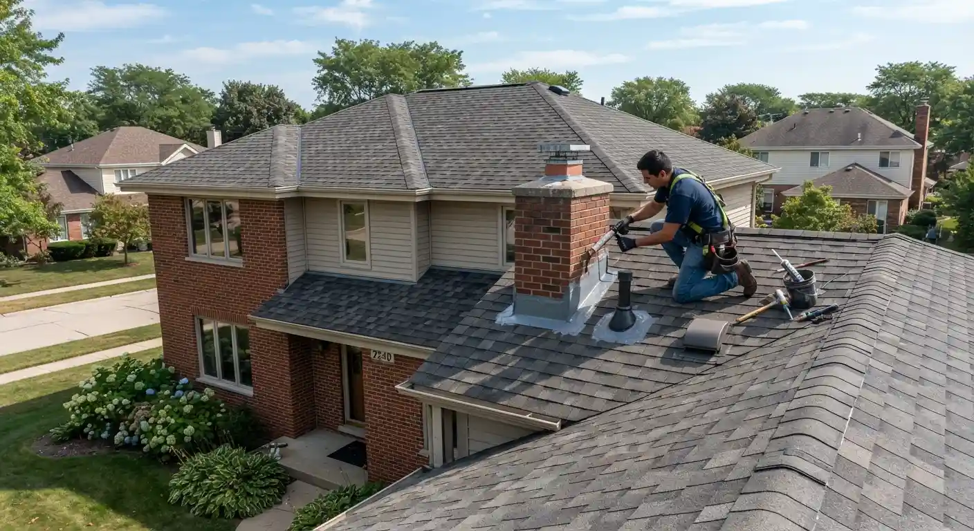 A team member working carefully on a residential roof.