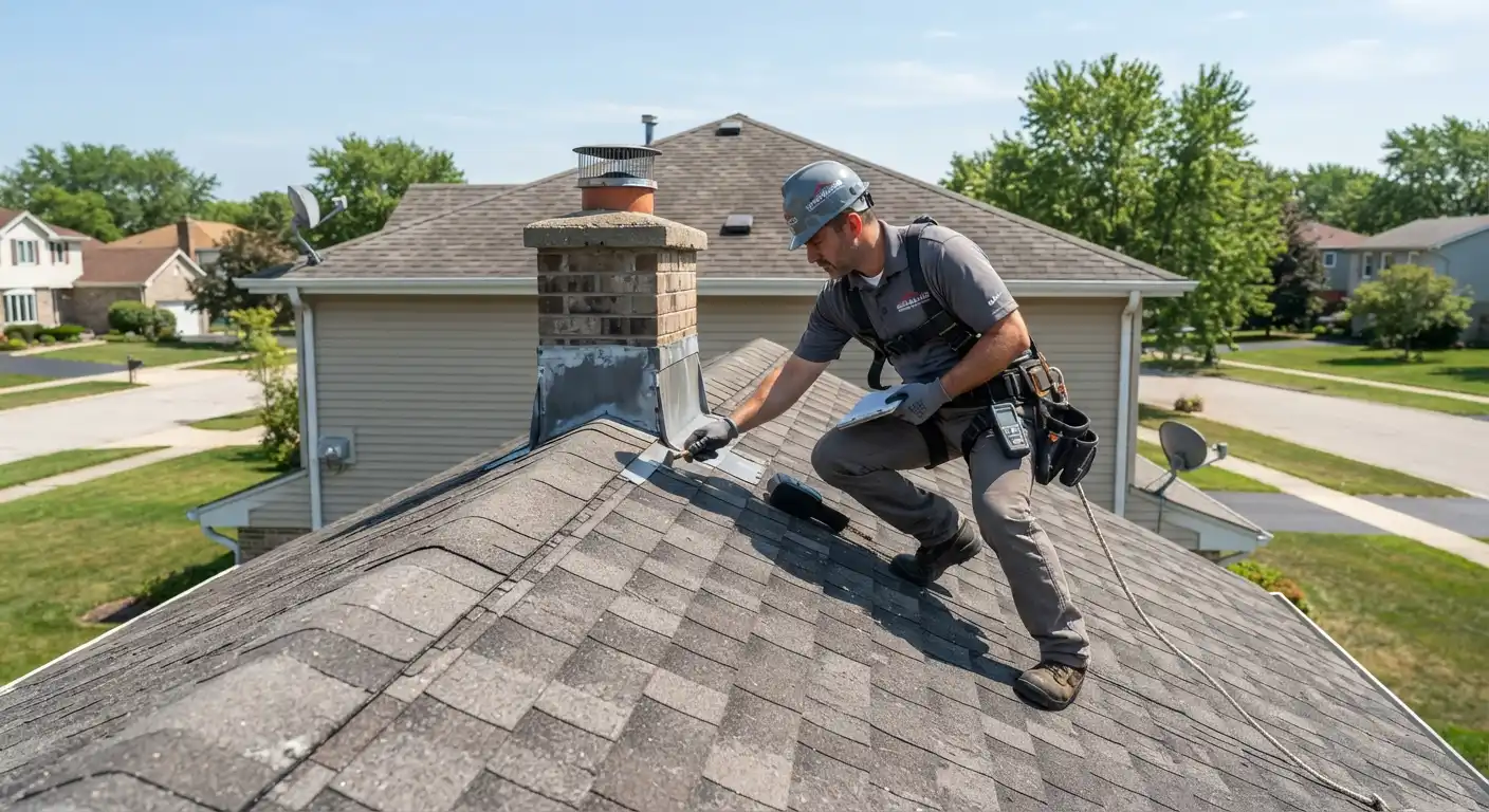 A technician performing a detailed roof inspection on a residential home.