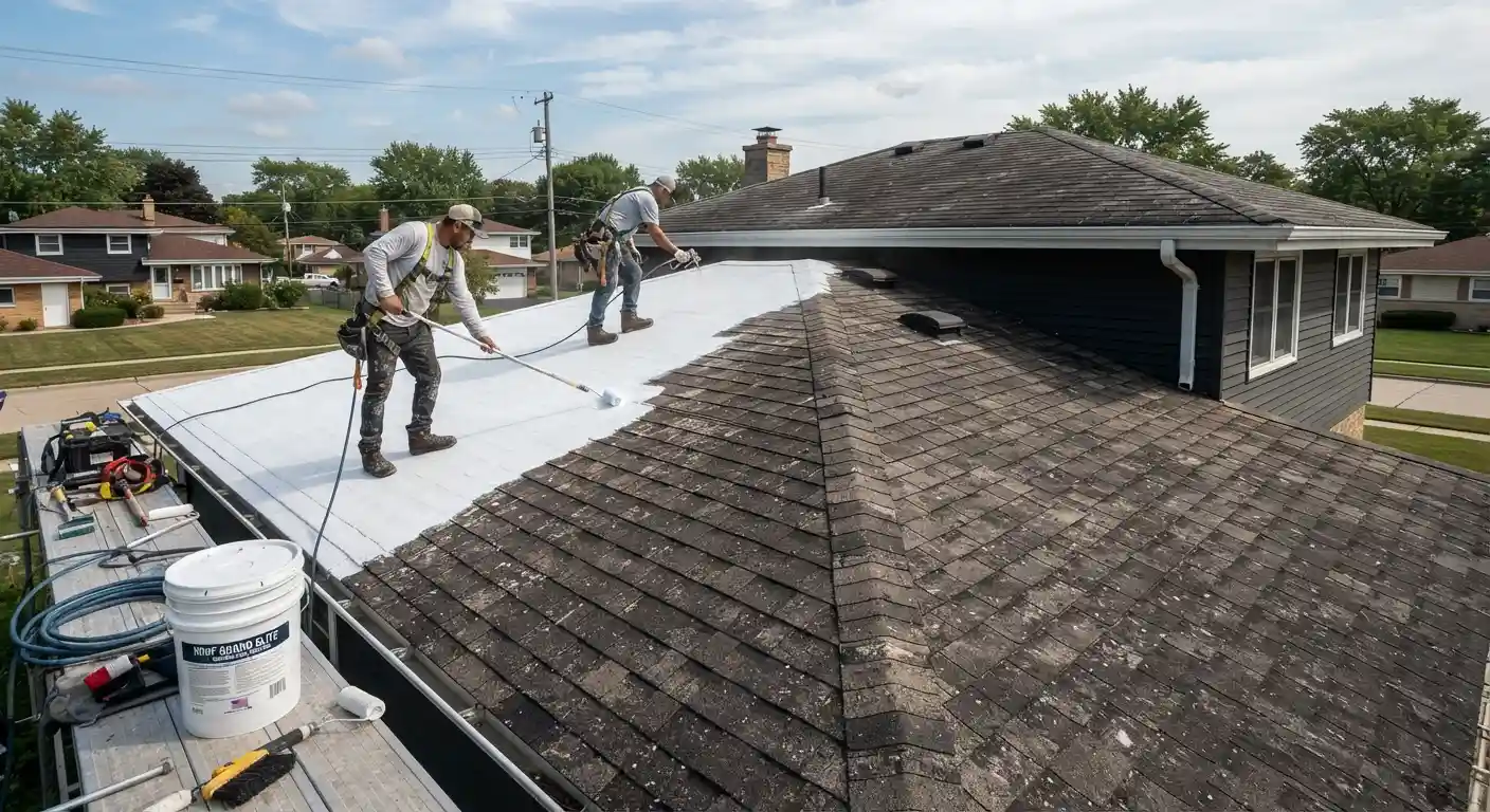 A professional crew performing detailed roof restoration on a residential property.