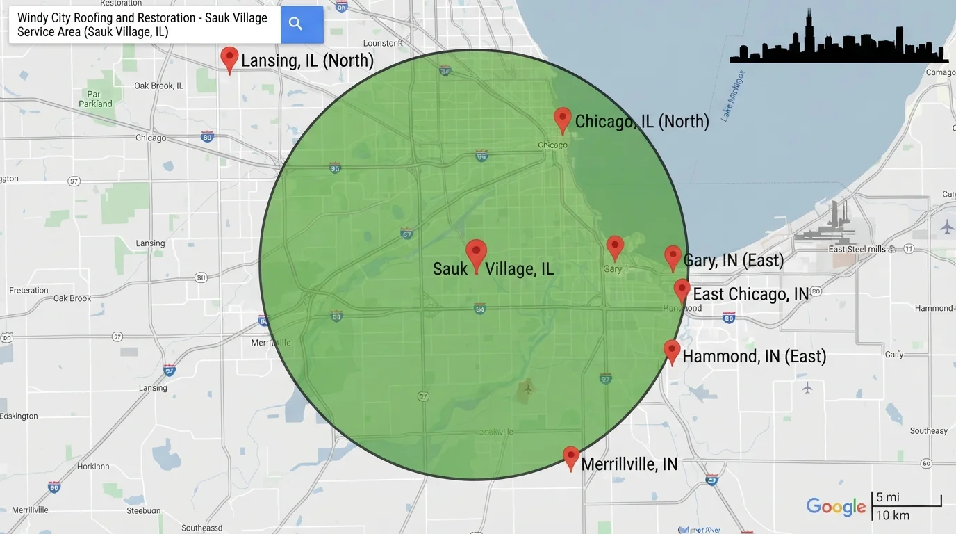 Service area map for Windy City Roofing and Restoration in Sauk Village and surrounding towns.