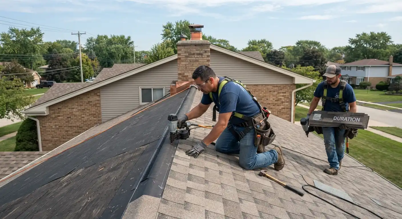 A skilled roofer working on a residential roof replacement project.